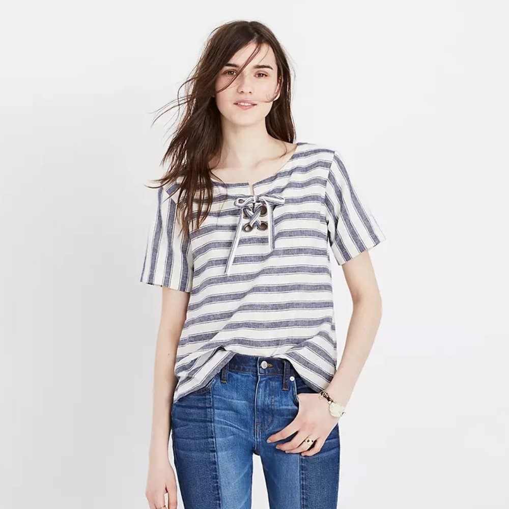 Madewell Striped Lace Up Top - XXS - Picture 1 of 7